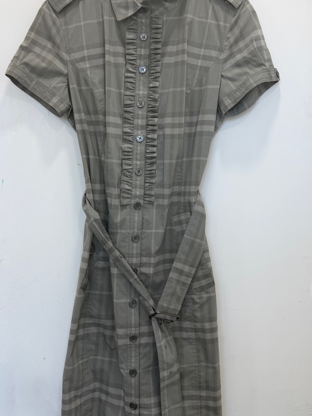 Burberry Gray Plaid Midi Shirt Dress with Tie Waist